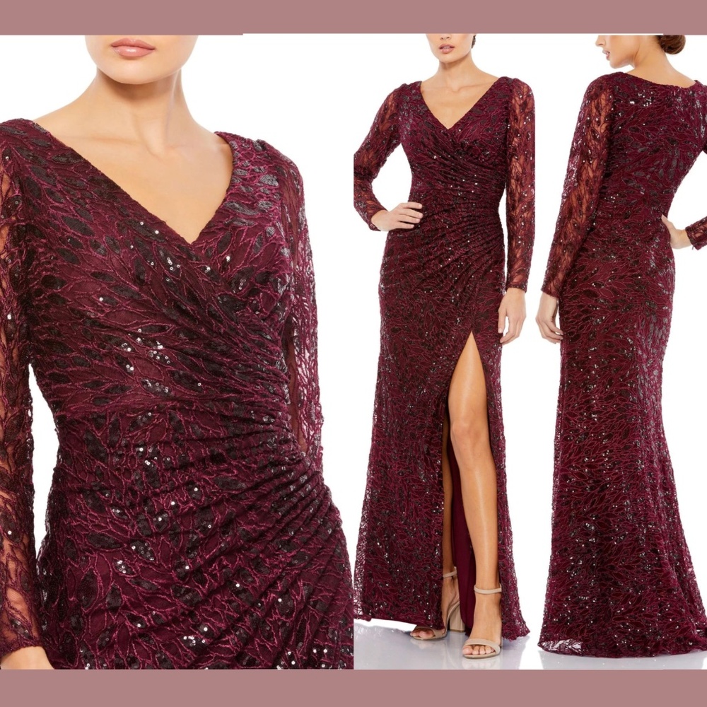 NWT‎ $698 Mac Duggal [ 16 ] Long Sleeve Ruched Sequined V Neck Gown Garnet Red